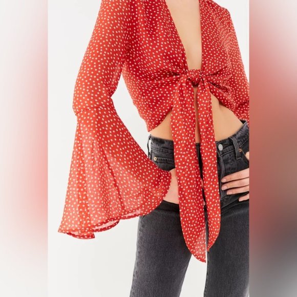 Urban Outfitters Tops - Urban Outfitters Red Star Print Bell Sleeve Wrap Top, S